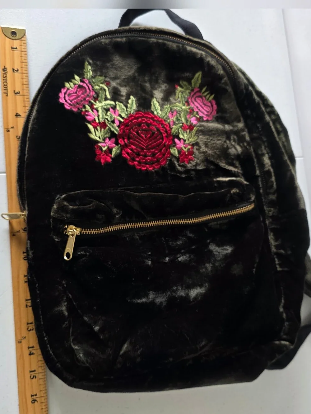 World Market Velvet Backpack Floral Embroidery Zip Pockets Plush Wearable Art